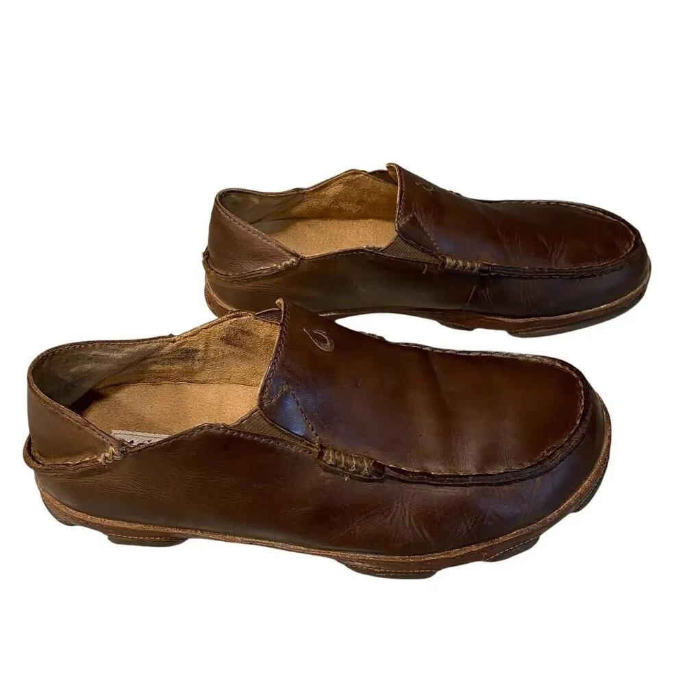 OluKai Moloa Leather Slip On Loafers Mens 8.5 Brown Drop In Heel Moc Toe Comfort